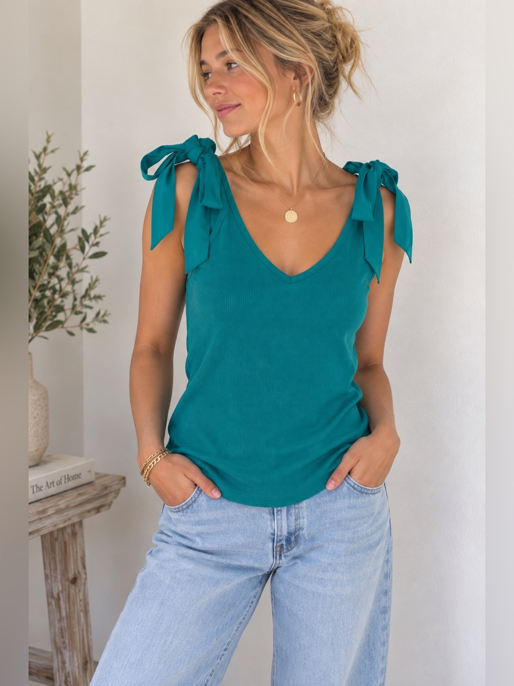 Anthropologie Maeve Rafaela Bow-Tie Tank Teal Ribbed Knit Size M